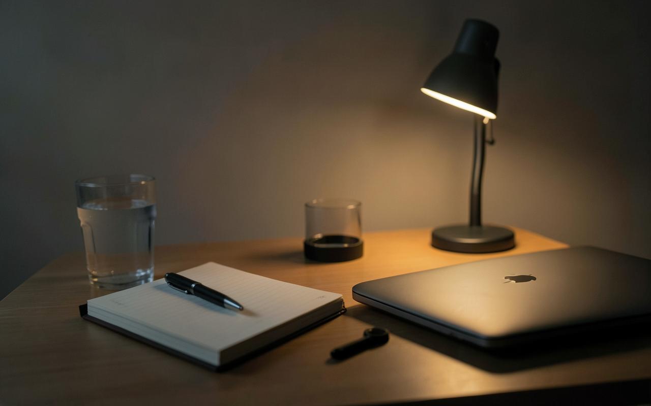 A quiet desk with a notebook at night